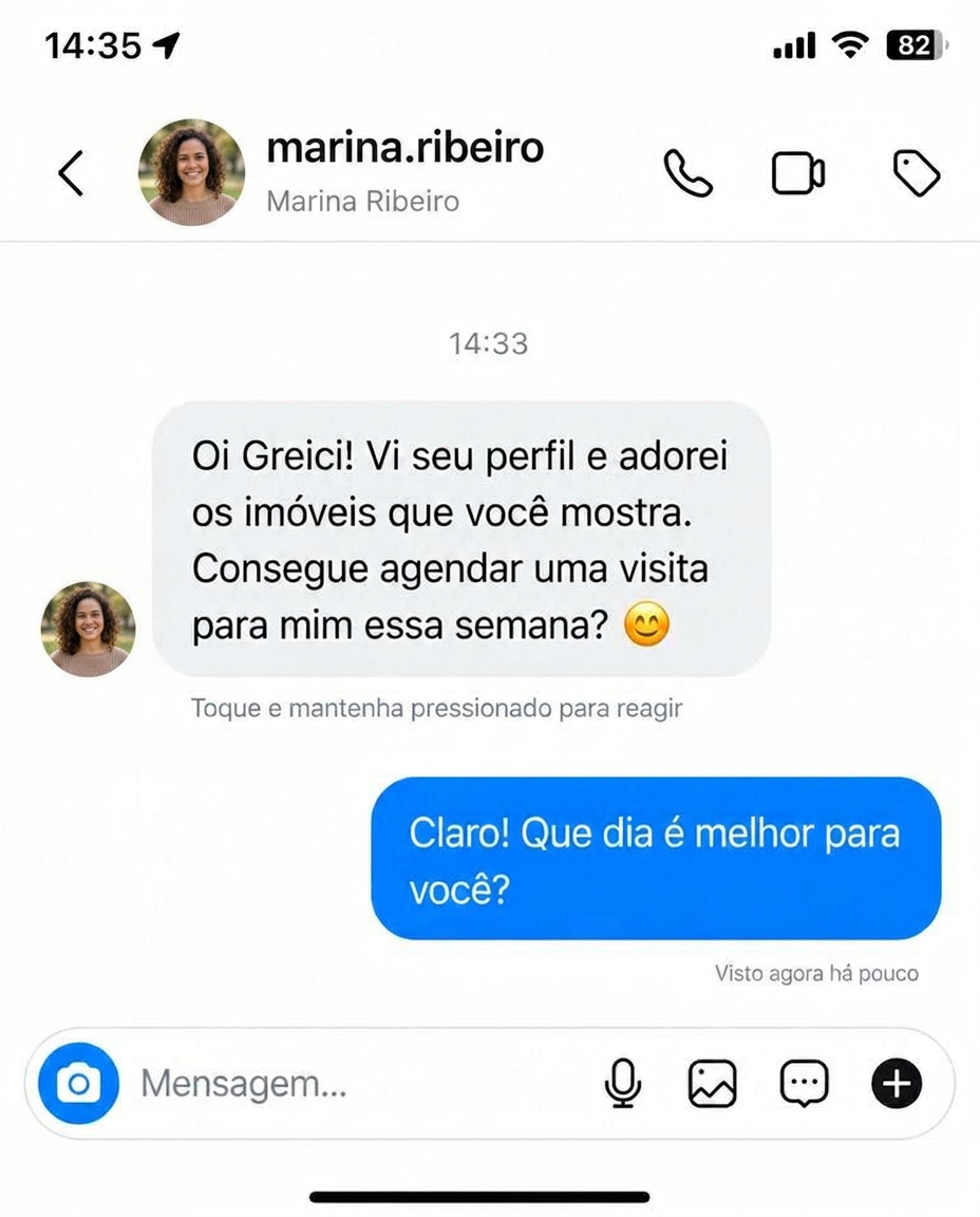 Print de mensagem no direct do Instagram — cliente pedindo à Greici para agendar visita a um imóvel após ver seu perfil